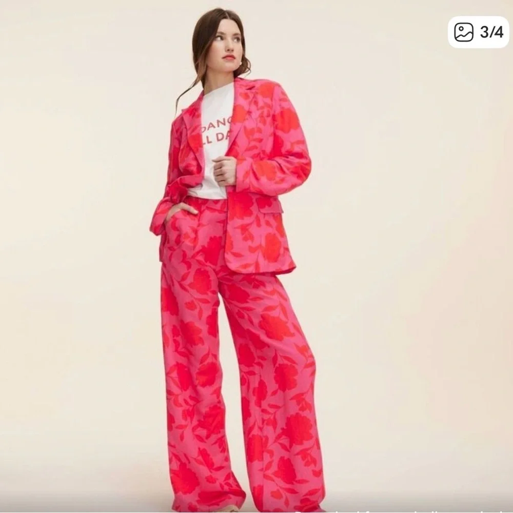 Kate Spade Classic Rose Wide-Leg Linen Floral Print Trousers Pink & Red
